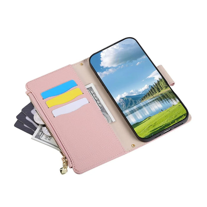 For iPhone 15 Case Zipper Wallet Leather Phone Cover with Wrist Strap - Pink - 5
