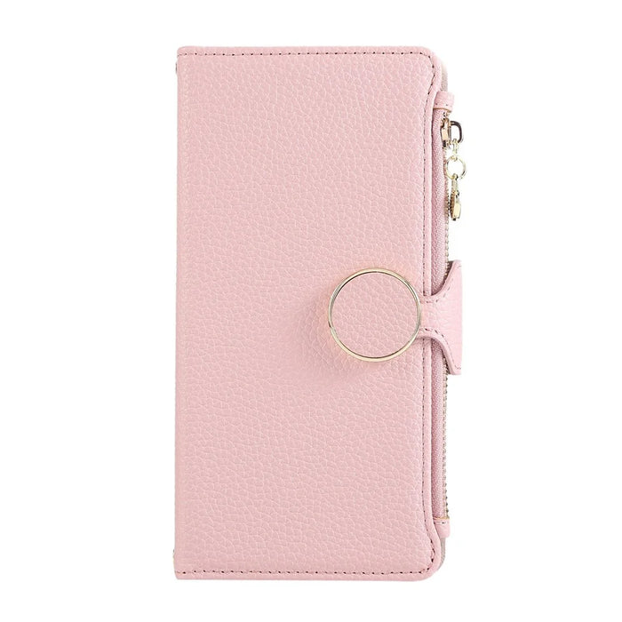 For iPhone 15 Case Zipper Wallet Leather Phone Cover with Wrist Strap - Pink - 6