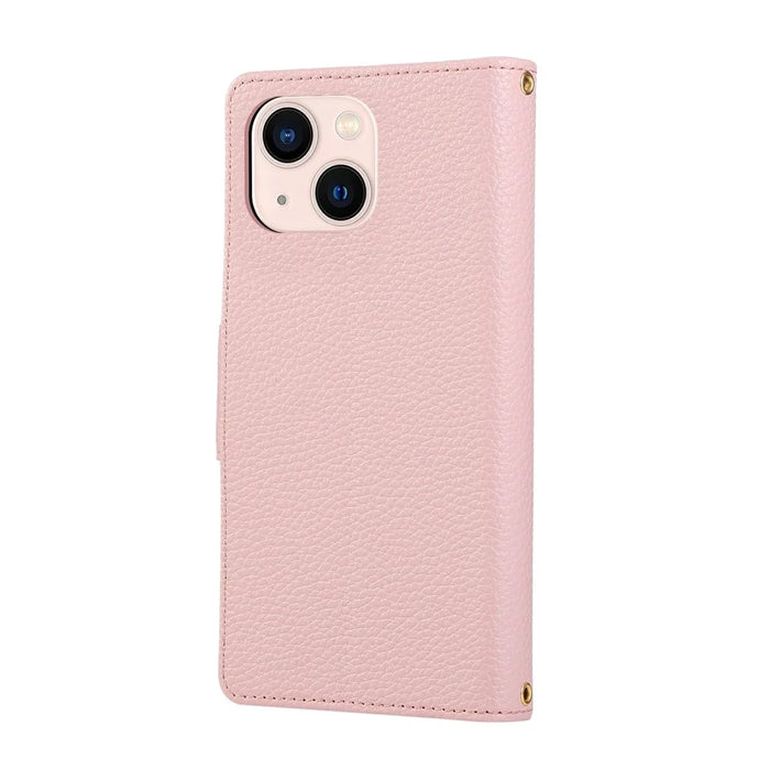 For iPhone 15 Case Zipper Wallet Leather Phone Cover with Wrist Strap - Pink - 7