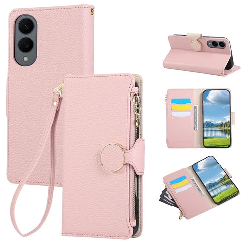 For Samsung Galaxy S25 Edge Case Zipper Wallet Leather Phone Cover with Wrist Strap - Pink - 1