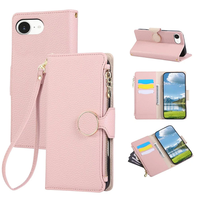 For iPhone 17e / 16e Case Zipper Wallet Leather Phone Cover with Wrist Strap - Pink - 1