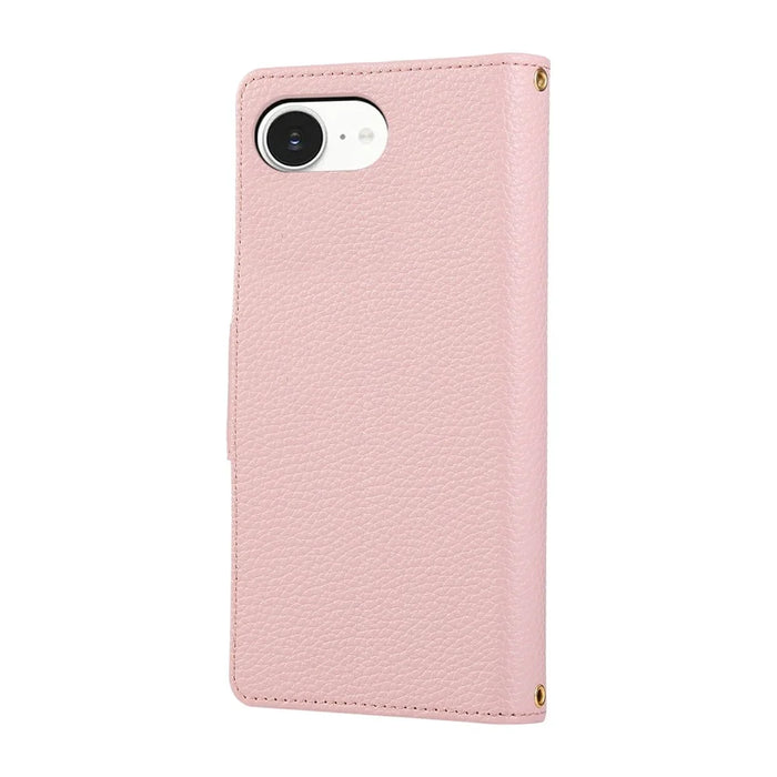 For iPhone 17e / 16e Case Zipper Wallet Leather Phone Cover with Wrist Strap - Pink - 7