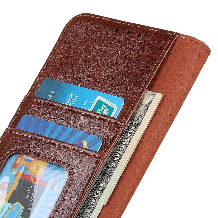 For Samsung Galaxy S23+ Nappa Texture Wallet Case Split Leather Magnetic Protective Flip Stand Phone Cover - Brown - 5
