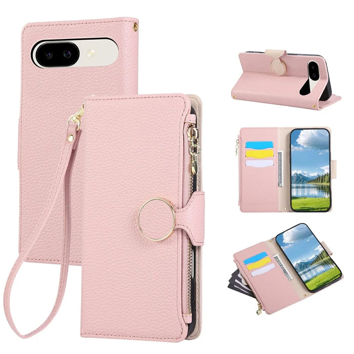 For Google Pixel 9a Case Zipper Wallet Leather Phone Cover with Wrist Strap - Pink - 1