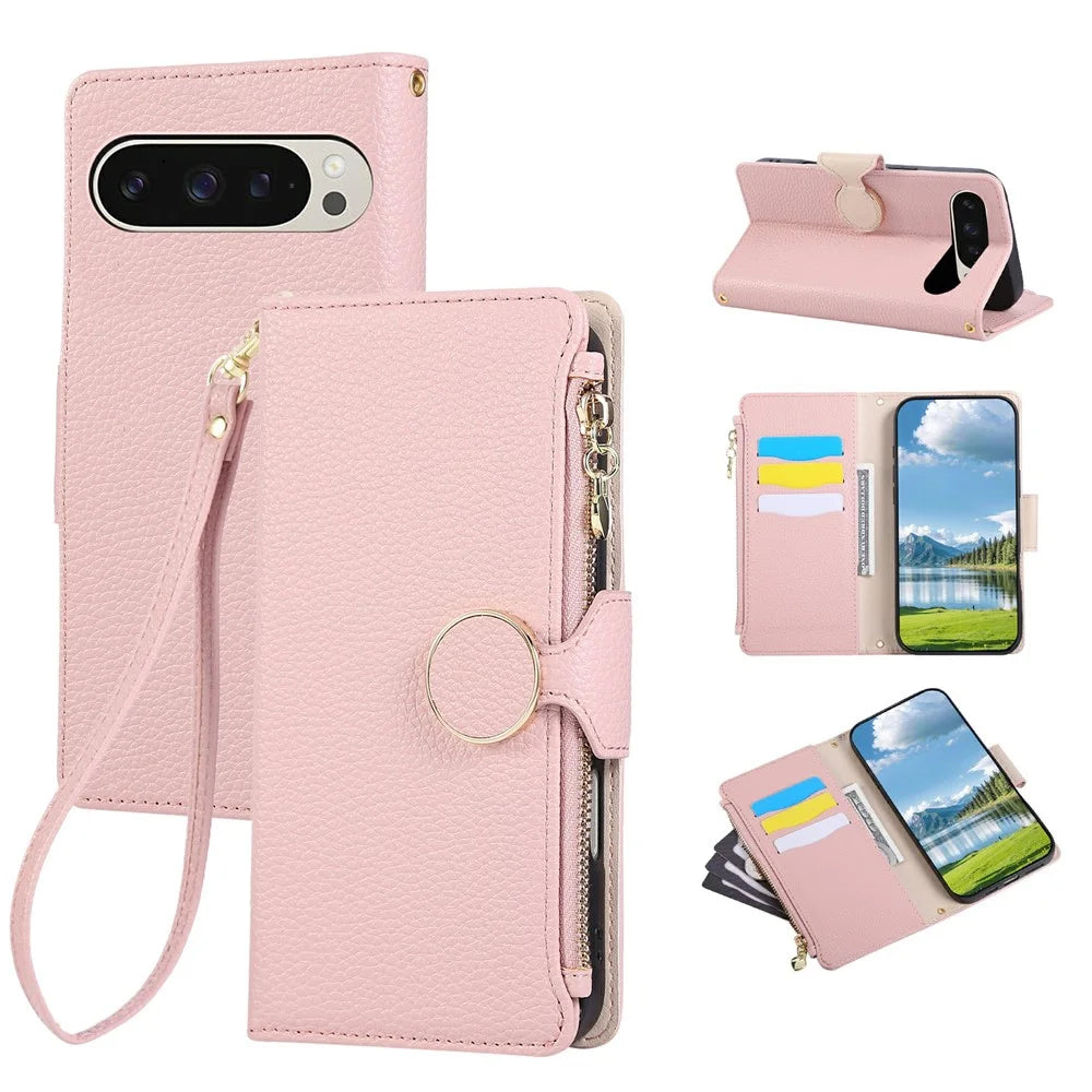 For Google Pixel 9 Pro XL Case Zipper Wallet Leather Phone Cover with Wrist Strap - Pink - 1