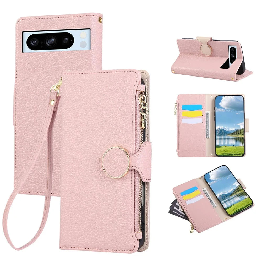 For Google Pixel 8 Pro Case Zipper Wallet Leather Phone Cover with Wrist Strap - Pink - 1