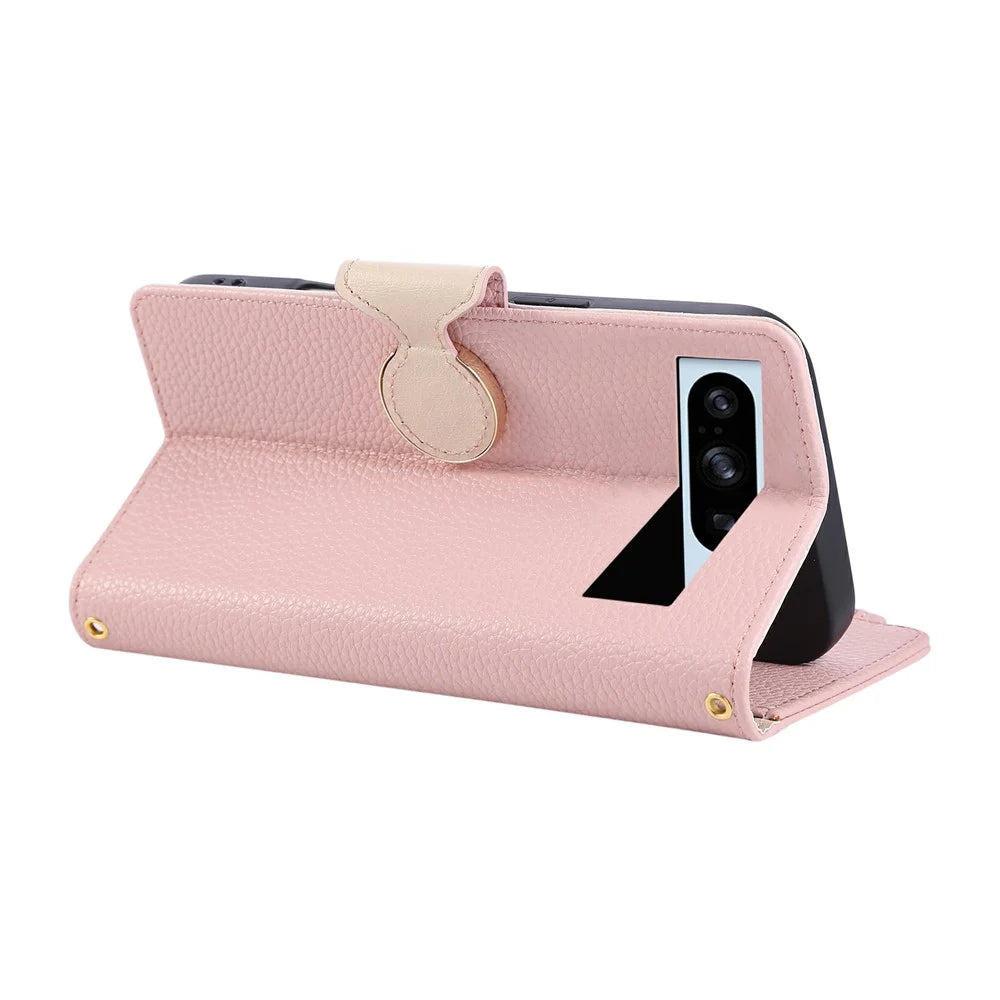 For Google Pixel 8 Pro Case Zipper Wallet Leather Phone Cover with Wrist Strap - Pink - 4
