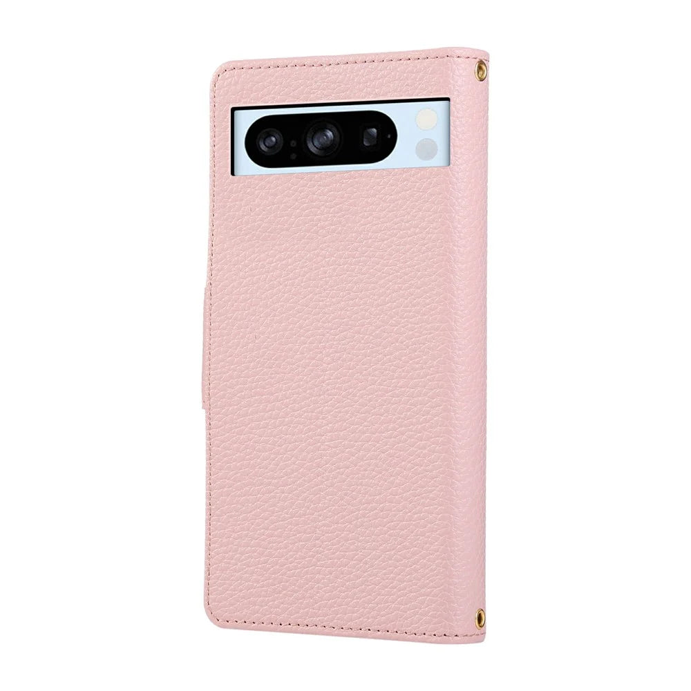 For Google Pixel 8 Pro Case Zipper Wallet Leather Phone Cover with Wrist Strap - Pink - 7