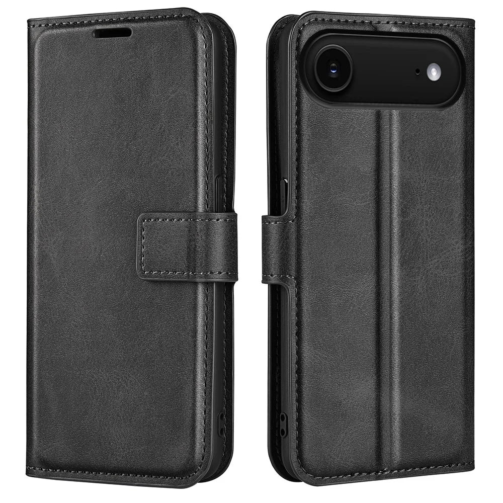 For iPhone Air Stand Case Anti-Scratch Calf Texture Leather Phone Cover - Black - 1