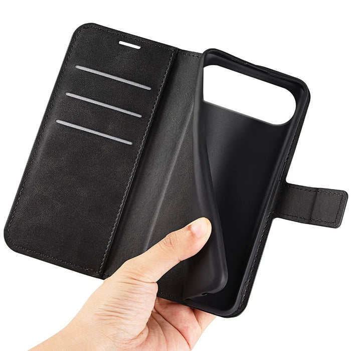 For iPhone Air Stand Case Anti-Scratch Calf Texture Leather Phone Cover - Black - 5
