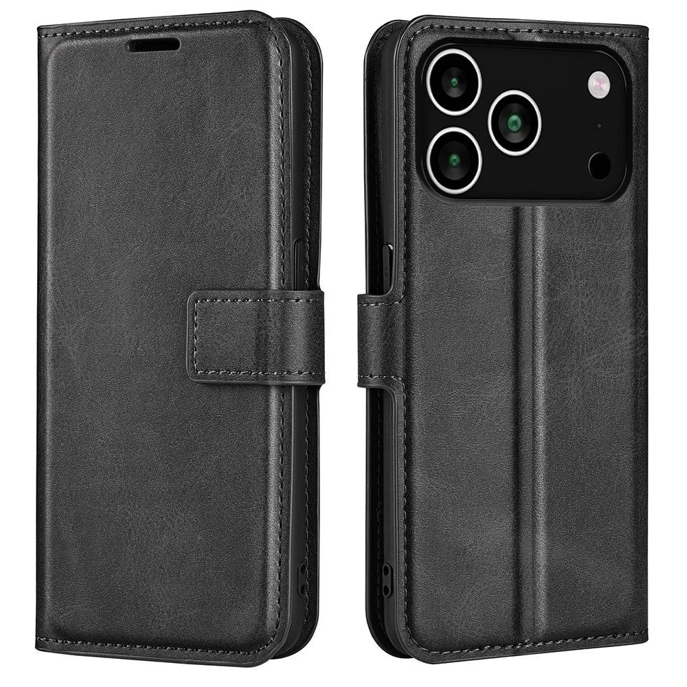 For iPhone 18 Pro / 17 Pro Stand Case Anti-Scratch Calf Texture Leather Phone Cover - Black - 1