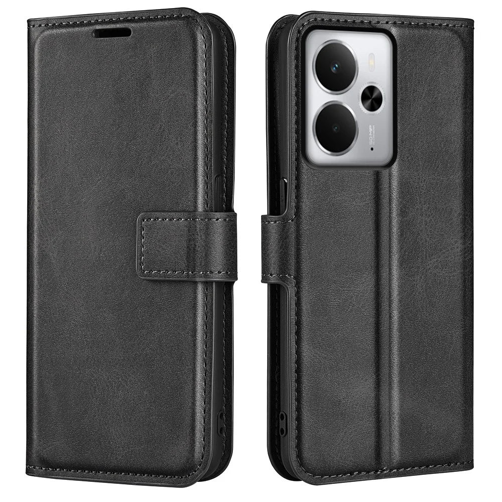 For Realme 14 5G Stand Case Anti-Scratch Calf Texture Leather Phone Cover - Black - 1