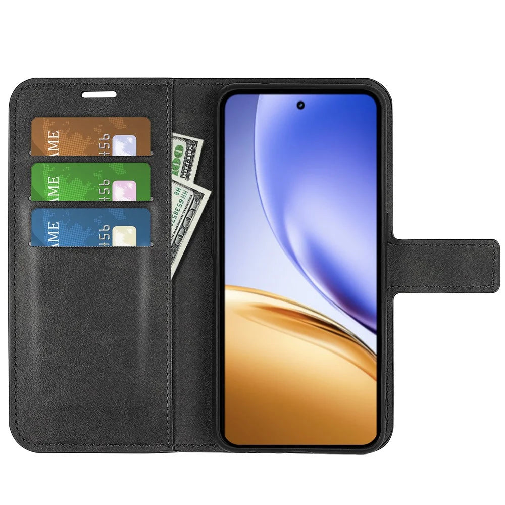 For Realme 14 5G Stand Case Anti-Scratch Calf Texture Leather Phone Cover - Black - 2
