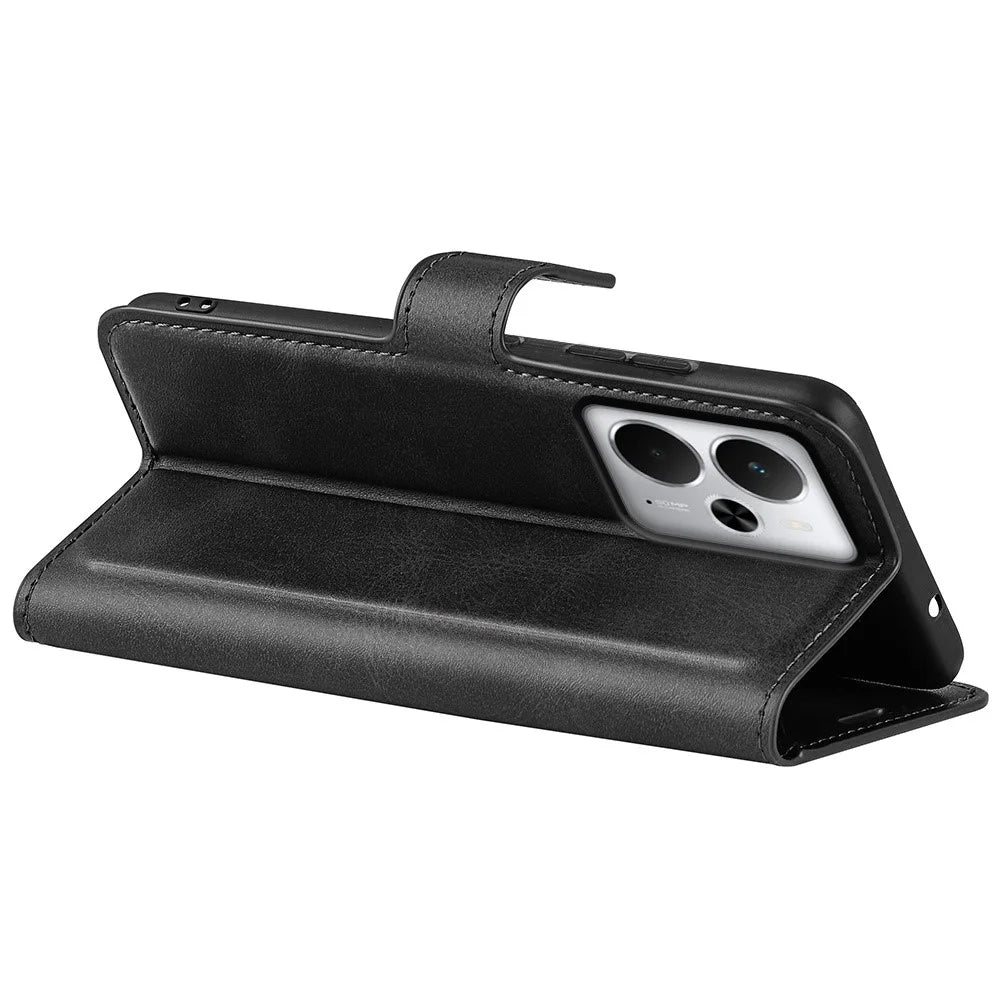 For Realme 14 5G Stand Case Anti-Scratch Calf Texture Leather Phone Cover - Black - 4