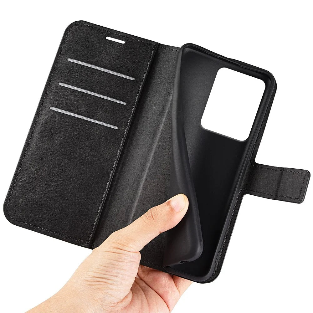 For Realme 14 5G Stand Case Anti-Scratch Calf Texture Leather Phone Cover - Black - 5