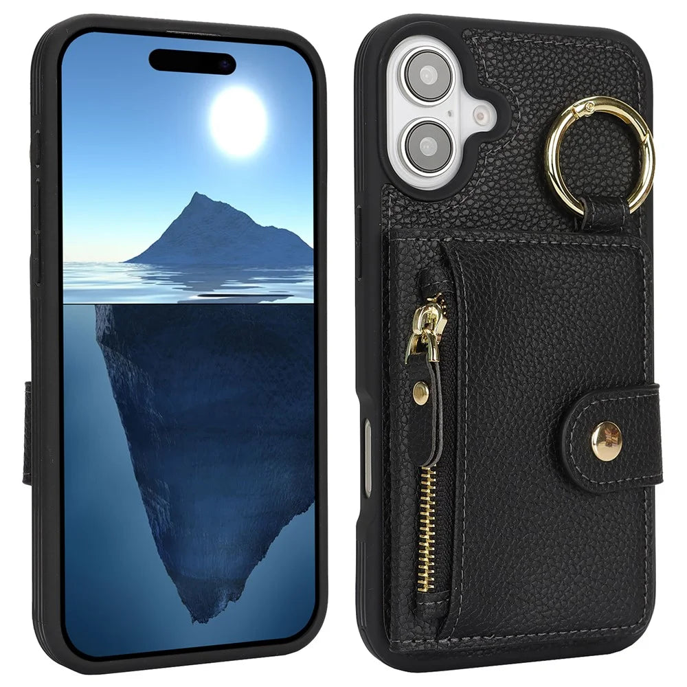 For iPhone 16 Case Litchi Texture PU Leather + TPU Zipper Wallet Kickstand Phone Cover - Black - 1