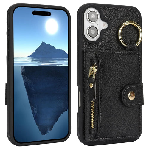 For iPhone 16 Case Litchi Texture PU Leather + TPU Zipper Wallet Kickstand Phone Cover - Black - 1