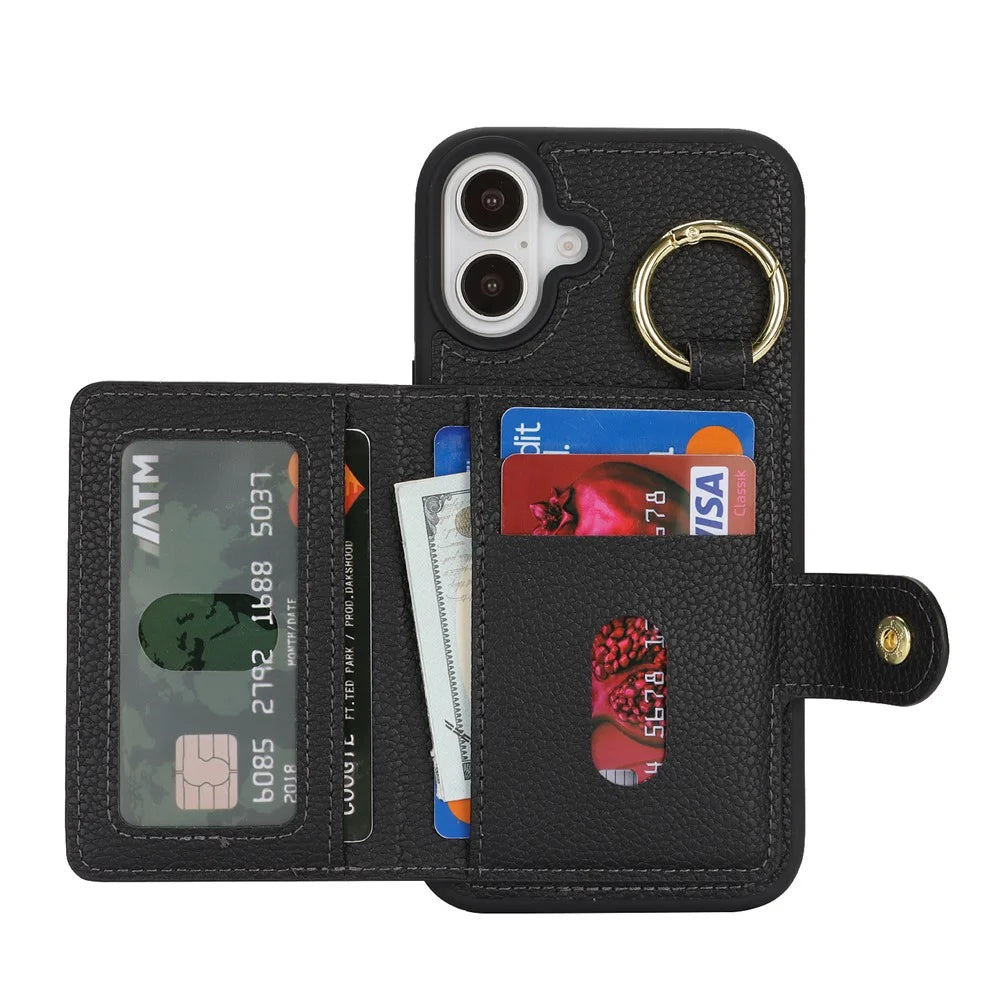 For iPhone 16 Case Litchi Texture PU Leather + TPU Zipper Wallet Kickstand Phone Cover - Black - 2