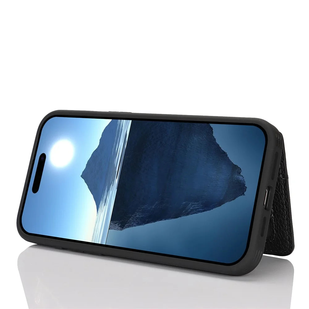 For iPhone 16 Case Litchi Texture PU Leather + TPU Zipper Wallet Kickstand Phone Cover - Black - 3