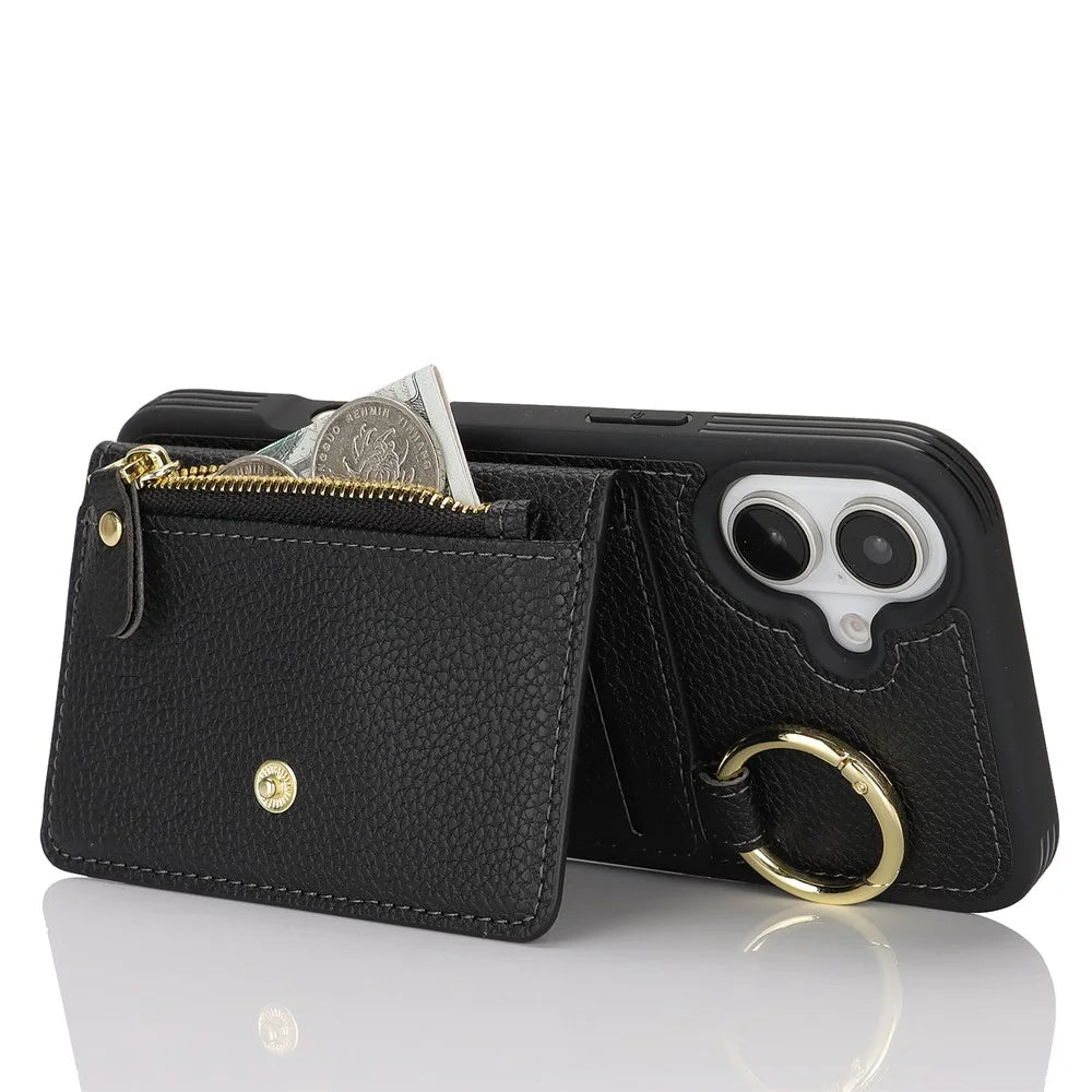 For iPhone 16 Case Litchi Texture PU Leather + TPU Zipper Wallet Kickstand Phone Cover - Black - 4