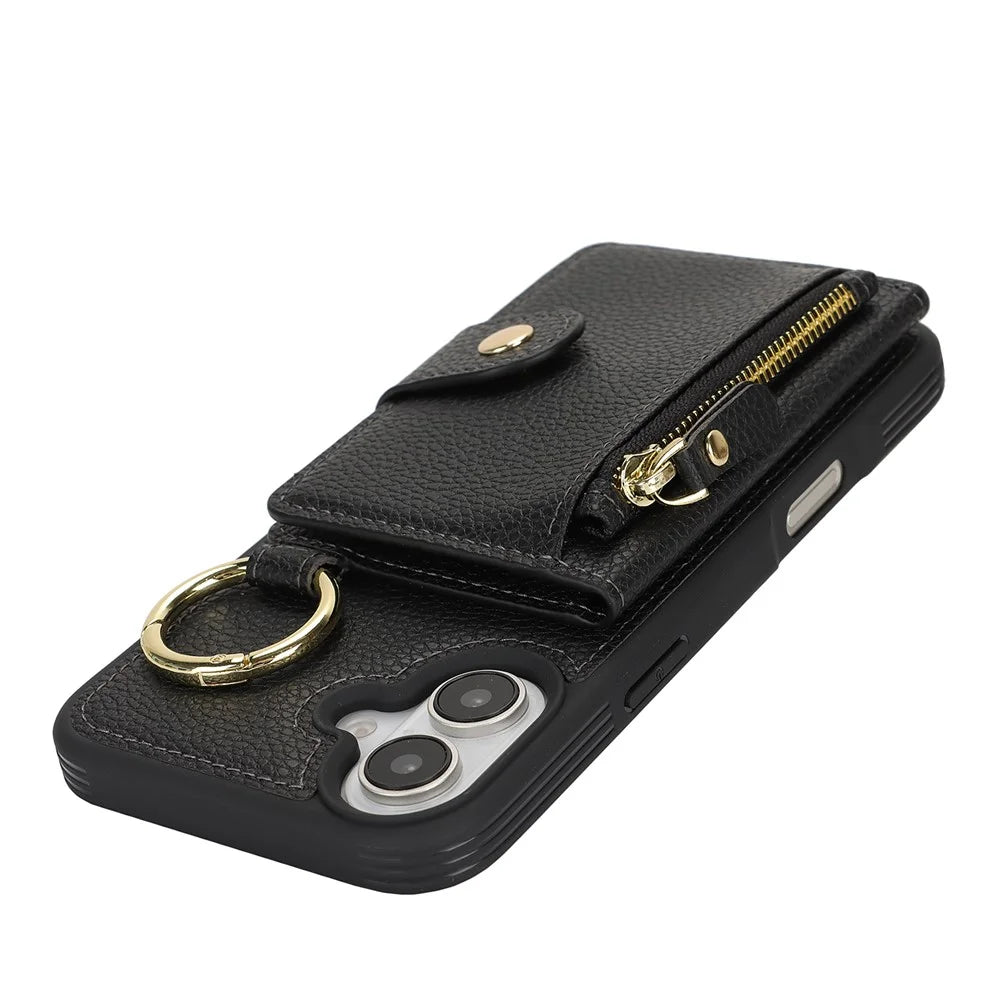 For iPhone 16 Case Litchi Texture PU Leather + TPU Zipper Wallet Kickstand Phone Cover - Black - 5