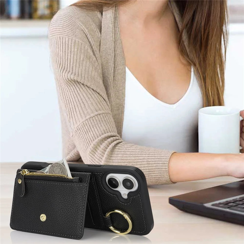 For iPhone 16 Case Litchi Texture PU Leather + TPU Zipper Wallet Kickstand Phone Cover - Black - 6