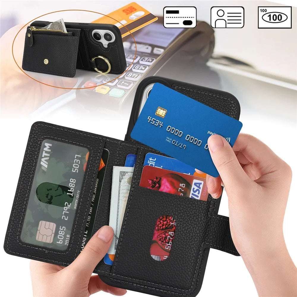 For iPhone 16 Case Litchi Texture PU Leather + TPU Zipper Wallet Kickstand Phone Cover - Black - 7