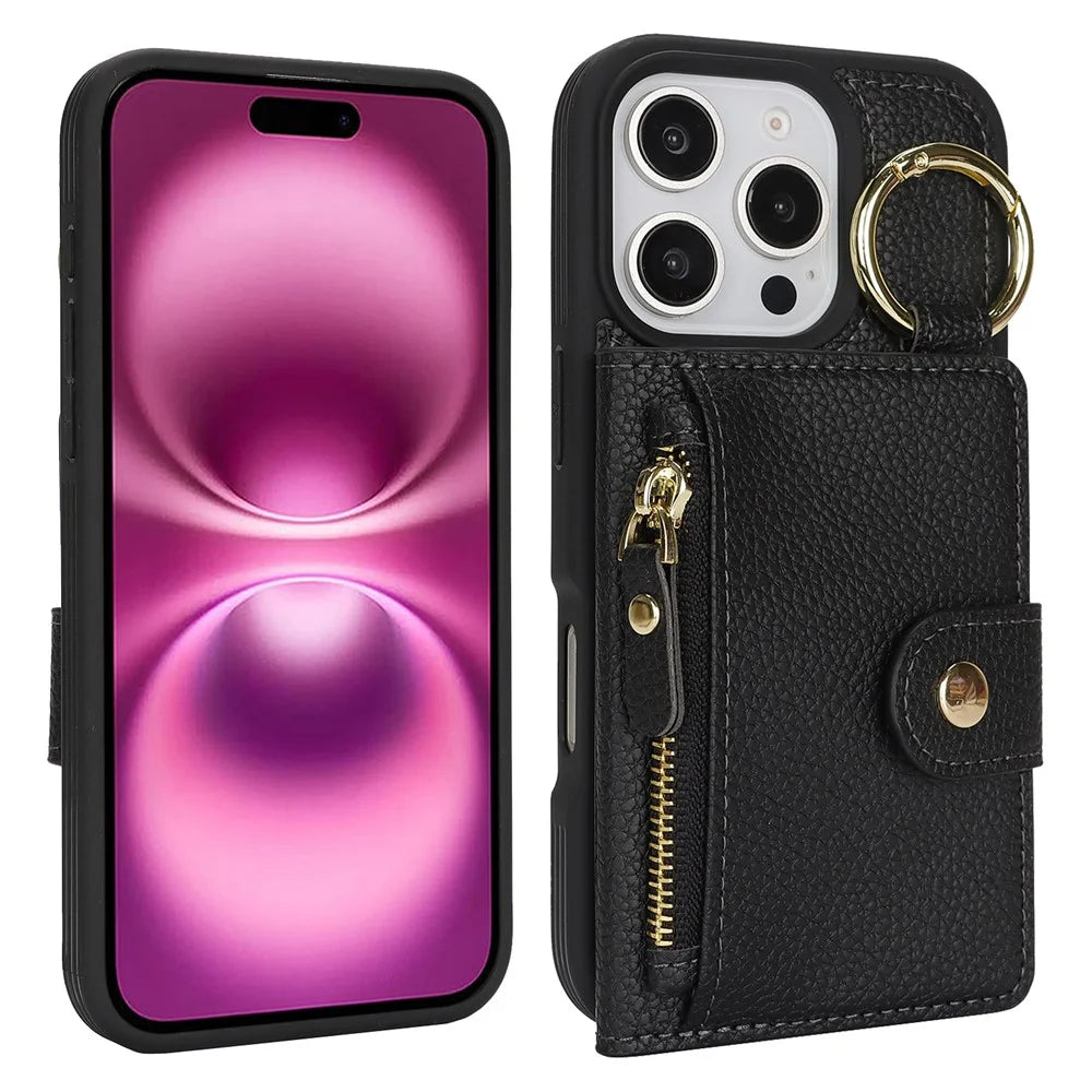 For iPhone 16 Pro Case Litchi Textured PU Leather + TPU Kickstand Phone Cover with Card Slot - Black - 1