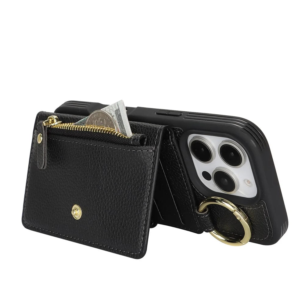 For iPhone 16 Pro Case Litchi Textured PU Leather + TPU Kickstand Phone Cover with Card Slot - Black - 3