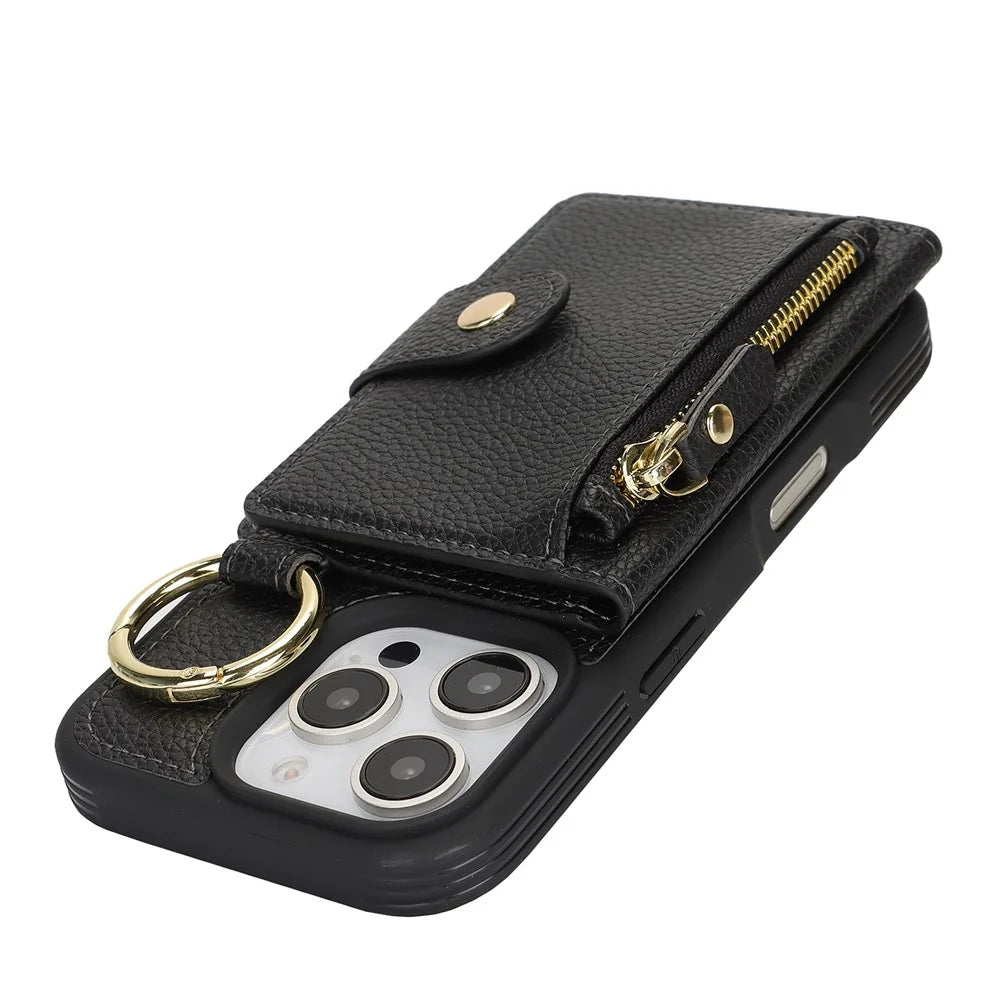 For iPhone 16 Pro Case Litchi Textured PU Leather + TPU Kickstand Phone Cover with Card Slot - Black - 5
