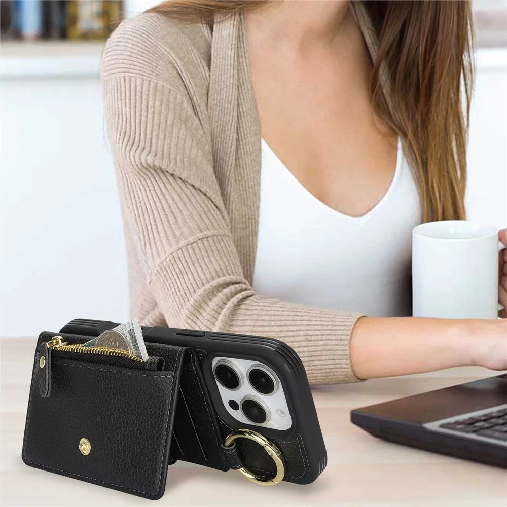 For iPhone 16 Pro Case Litchi Textured PU Leather + TPU Kickstand Phone Cover with Card Slot - Black - 6