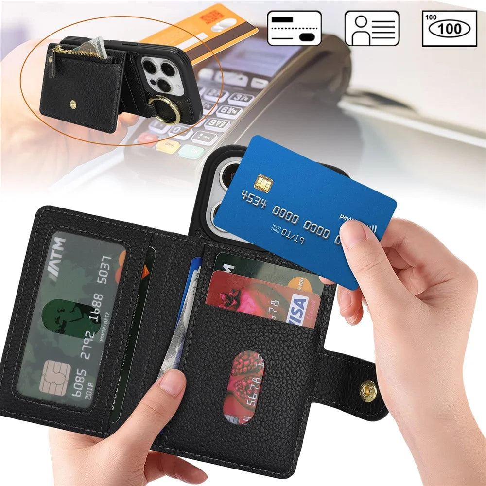 For iPhone 16 Pro Case Litchi Textured PU Leather + TPU Kickstand Phone Cover with Card Slot - Black - 7