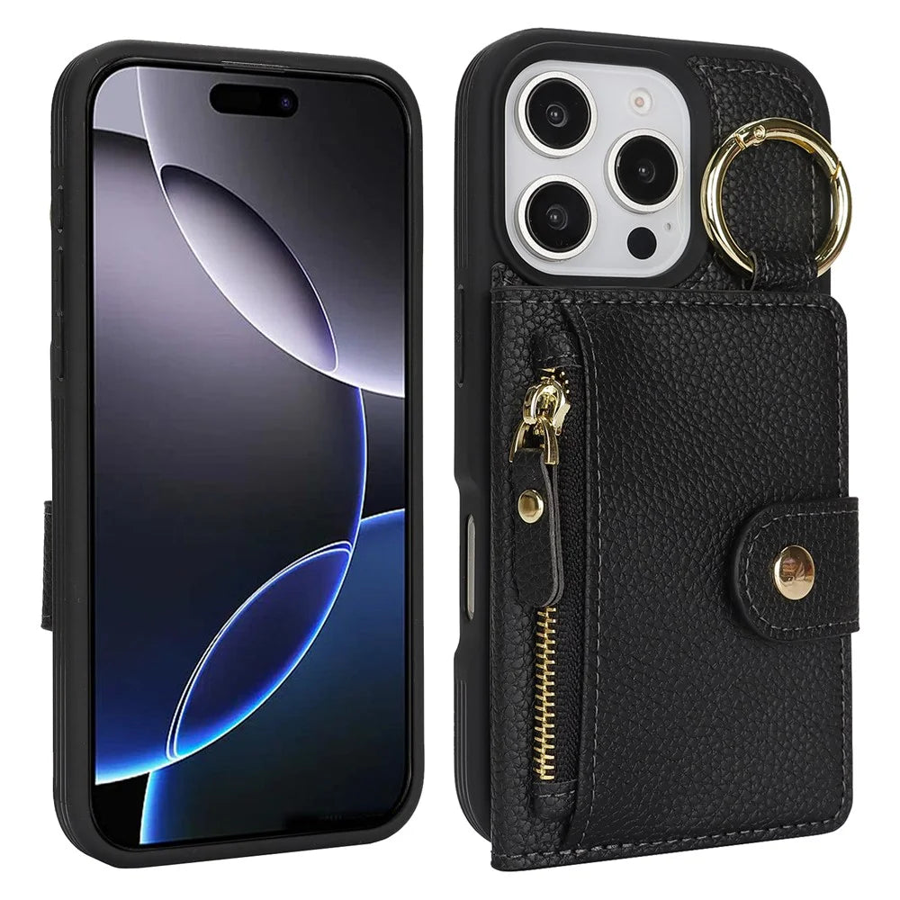 For iPhone 16 Pro Max Case Litchi Textured PU Leather + TPU Kickstand Phone Cover with Card Slot - Black - 1
