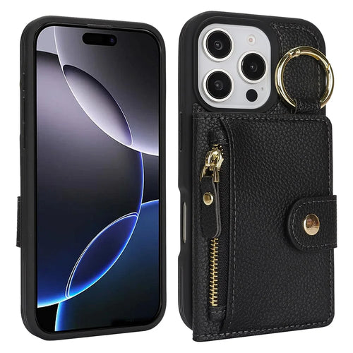 For iPhone 16 Pro Max Case Litchi Textured PU Leather + TPU Kickstand Phone Cover with Card Slot - Black - 1