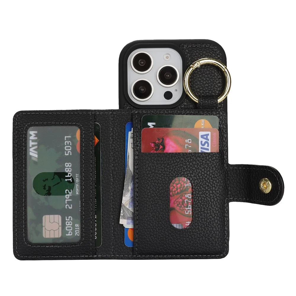 For iPhone 16 Pro Max Case Litchi Textured PU Leather + TPU Kickstand Phone Cover with Card Slot - Black - 2