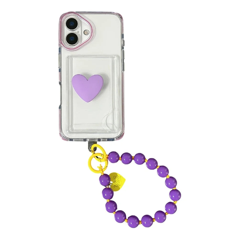 For iPhone 16 Case Card Holder Transparent PC + TPU Shockproof Phone Cover with Beaded Wrist Strap - Plum - 1