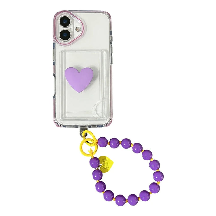 For iPhone 16 Case Card Holder Transparent PC + TPU Shockproof Phone Cover with Beaded Wrist Strap - Plum - 1