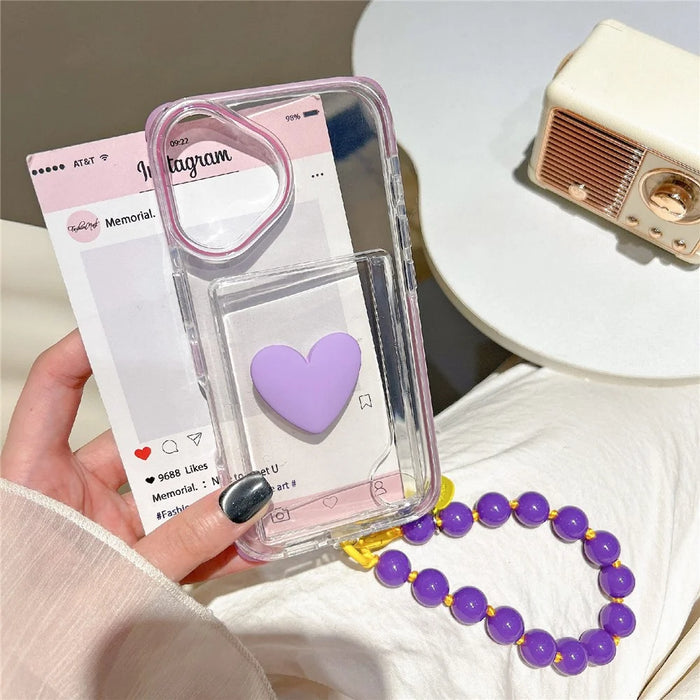 For iPhone 16 Case Card Holder Transparent PC + TPU Shockproof Phone Cover with Beaded Wrist Strap - Plum - 4