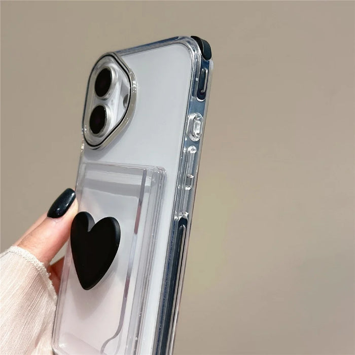 For iPhone 16 Case Card Holder Transparent PC + TPU Shockproof Phone Cover with Beaded Wrist Strap - Plum - 7