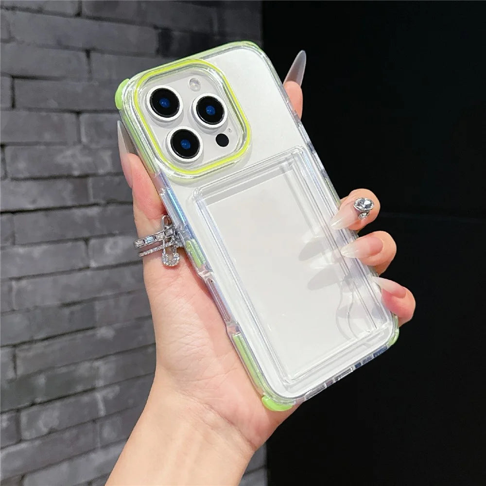 For iPhone 16 Pro Case Transparent PC + TPU Shockproof Phone Cover with Card Holder - Fluorescent Green - 1