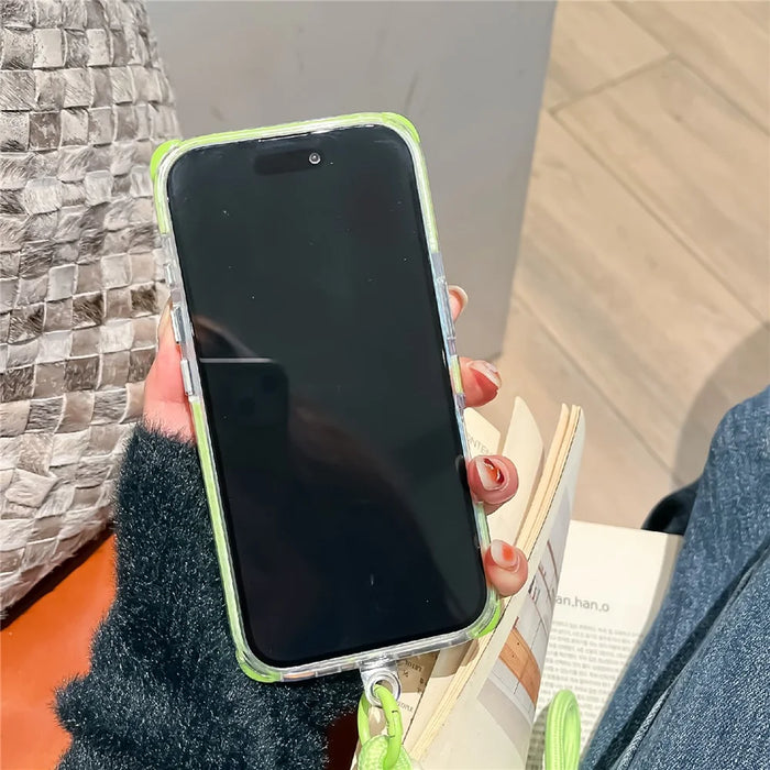 For iPhone 16 Case Card Holder Transparent PC + TPU Reinforced Corners Phone Cover with Wrist Strap - Fluorescent Green - 2