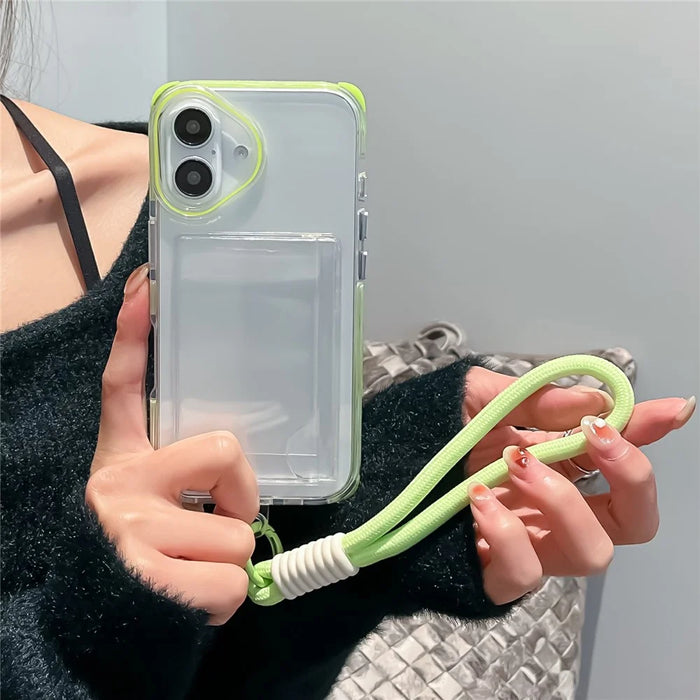 For iPhone 16 Case Card Holder Transparent PC + TPU Reinforced Corners Phone Cover with Wrist Strap - Fluorescent Green - 3