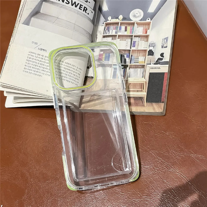 For iPhone 16 Case Card Holder Transparent PC + TPU Reinforced Corners Phone Cover with Wrist Strap - Fluorescent Green - 4