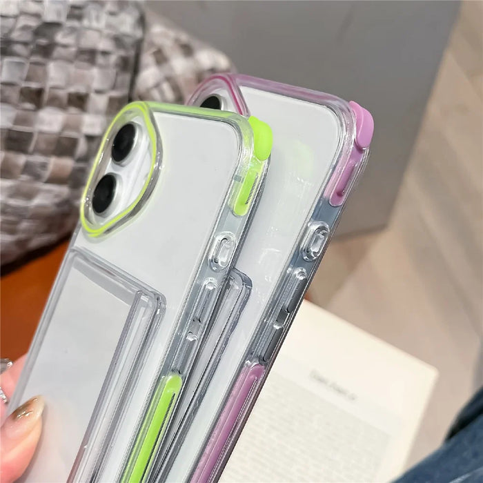 For iPhone 16 Case Card Holder Transparent PC + TPU Reinforced Corners Phone Cover with Wrist Strap - Fluorescent Green - 5