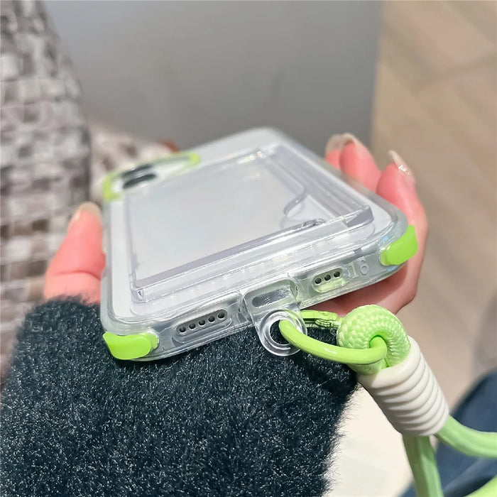 For iPhone 16 Case Card Holder Transparent PC + TPU Reinforced Corners Phone Cover with Wrist Strap - Fluorescent Green - 6
