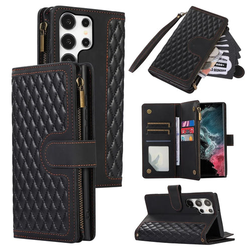 For Samsung Galaxy S25 Ultra Case 9 Card Slots Rhombus Design Leather Phone Cover with Wrist Strap - Black - 1