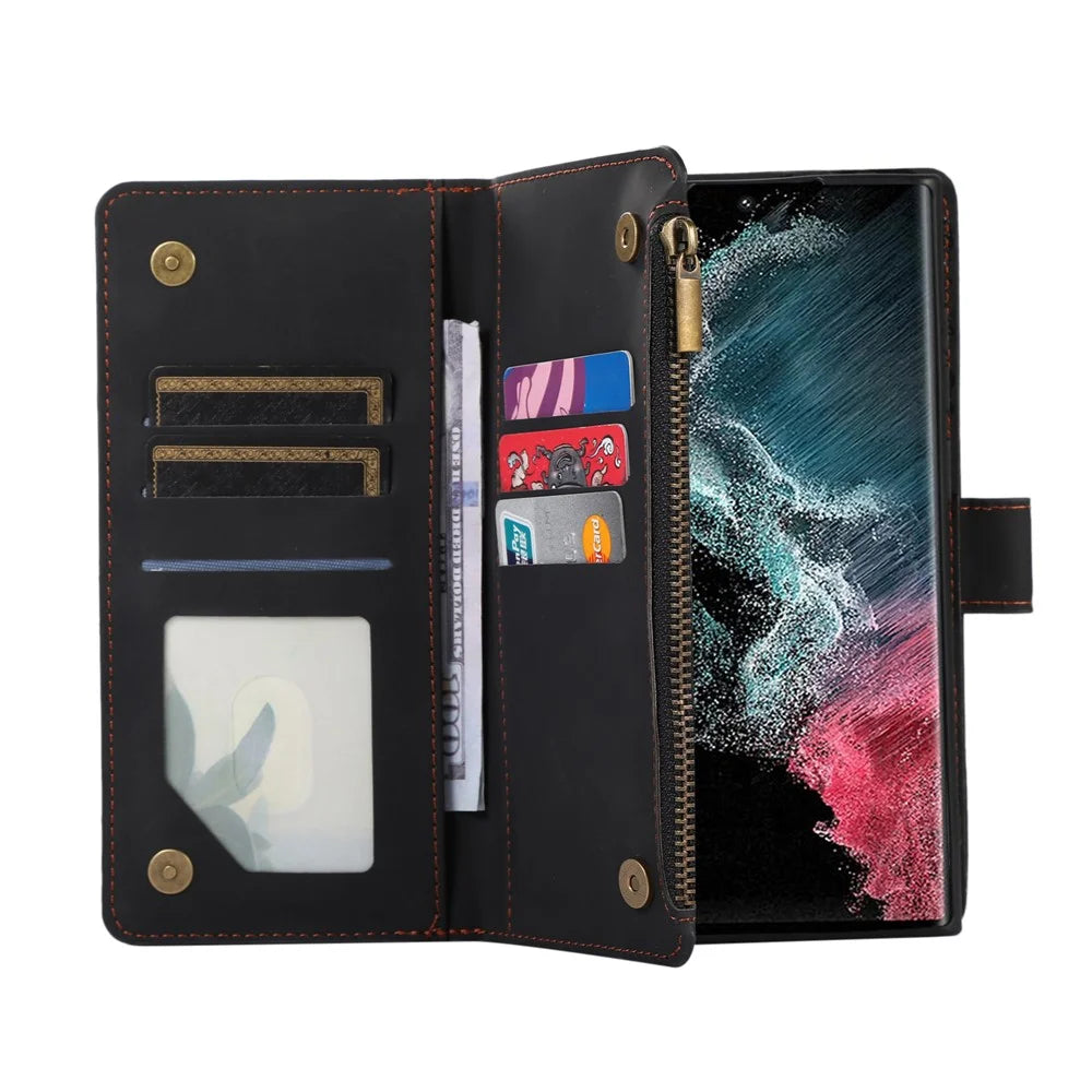 For Samsung Galaxy S25 Ultra Case 9 Card Slots Rhombus Design Leather Phone Cover with Wrist Strap - Black - 2