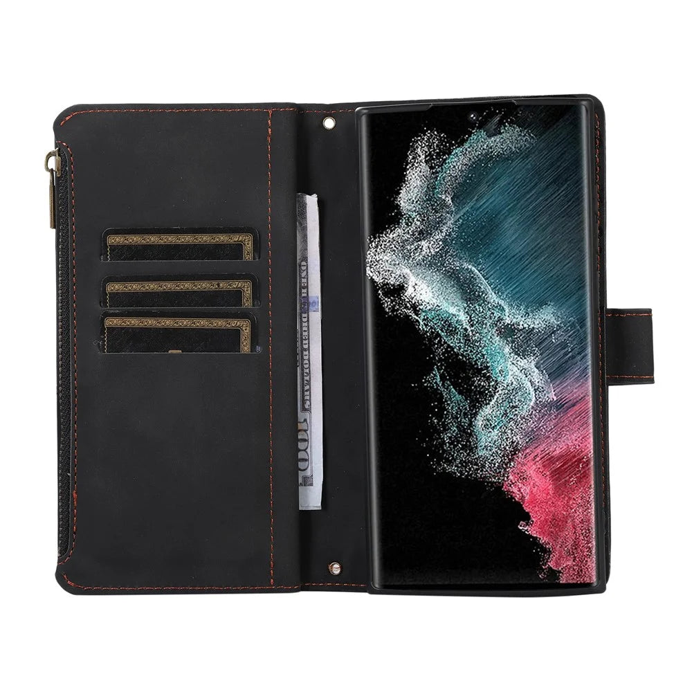 For Samsung Galaxy S25 Ultra Case 9 Card Slots Rhombus Design Leather Phone Cover with Wrist Strap - Black - 3