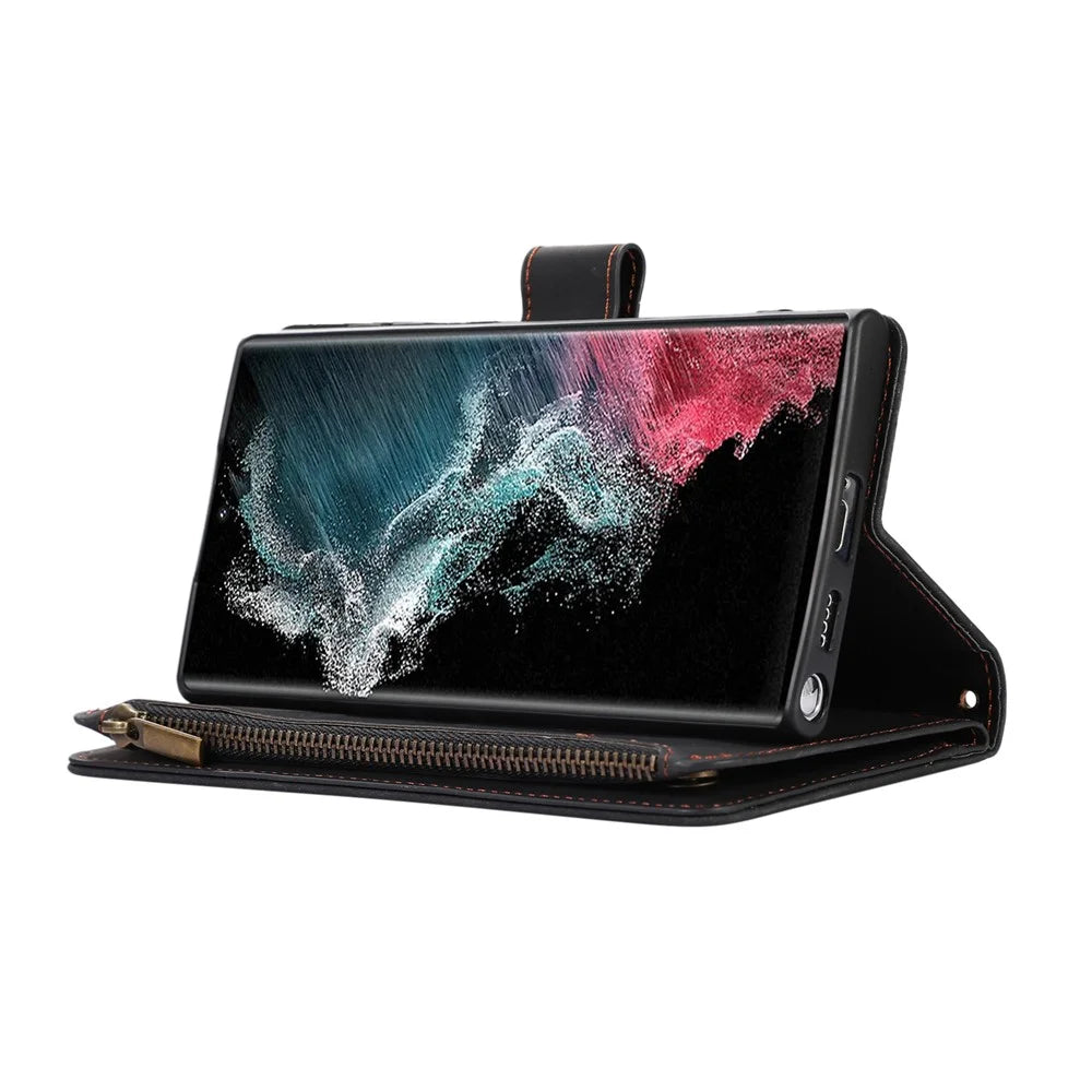 For Samsung Galaxy S25 Ultra Case 9 Card Slots Rhombus Design Leather Phone Cover with Wrist Strap - Black - 4