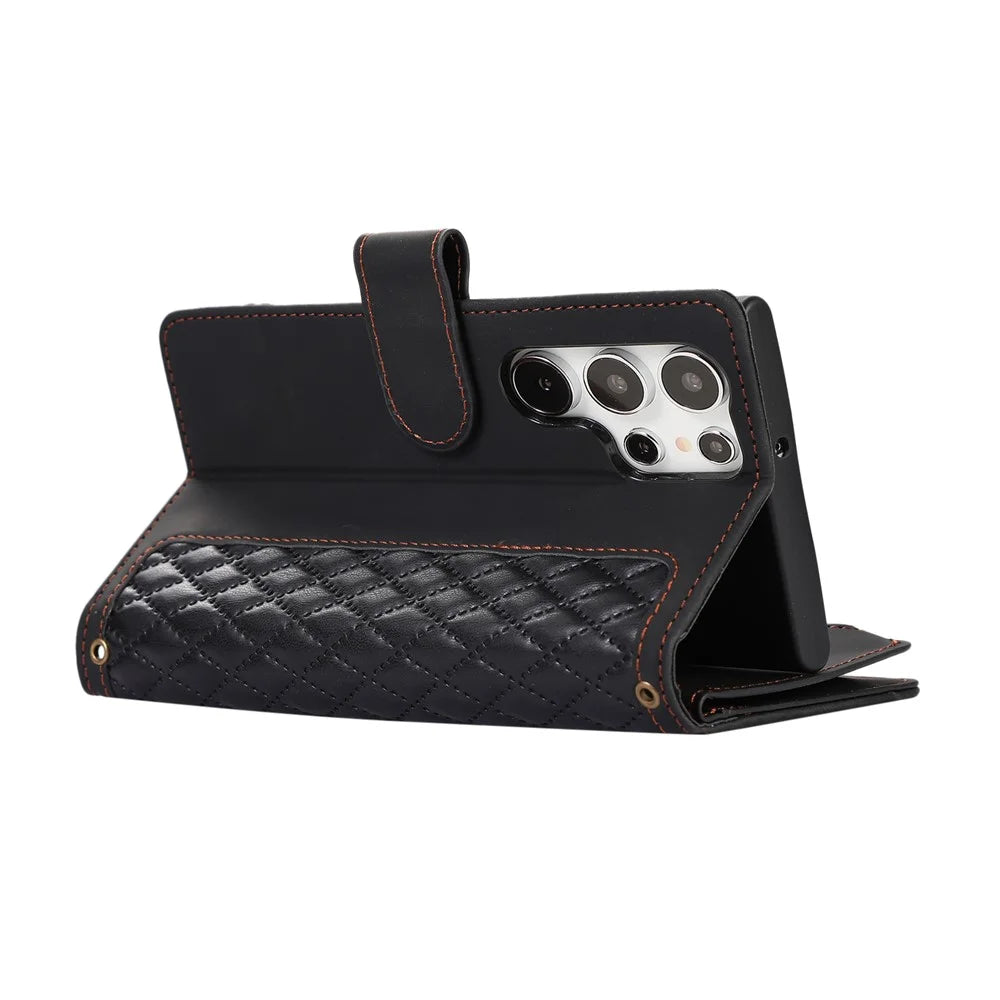 For Samsung Galaxy S25 Ultra Case 9 Card Slots Rhombus Design Leather Phone Cover with Wrist Strap - Black - 5